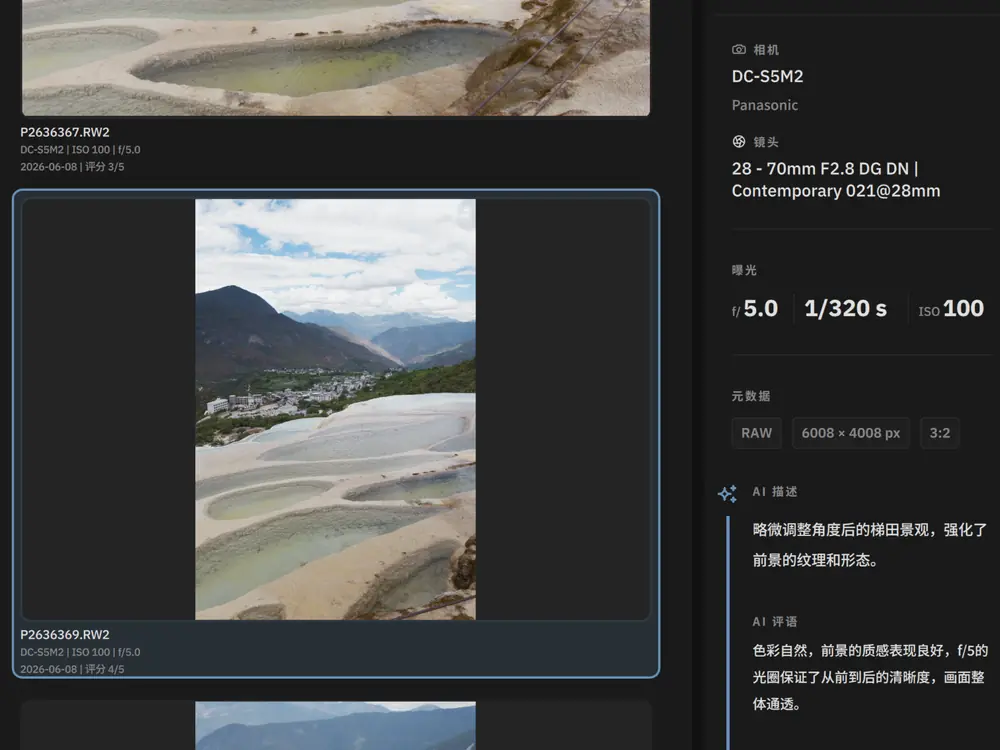 AI description and rating results shown for a photo in Alcedo Studio