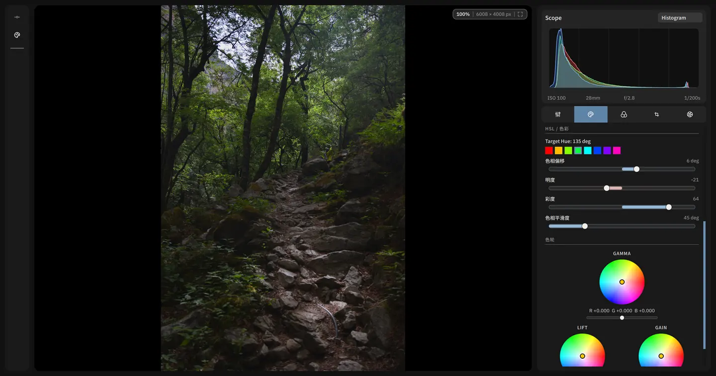 Exposure, tone, and color controls in the Alcedo Studio editor