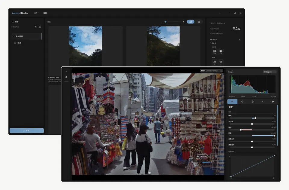 Alcedo Studio library browser with the photo editor open behind it